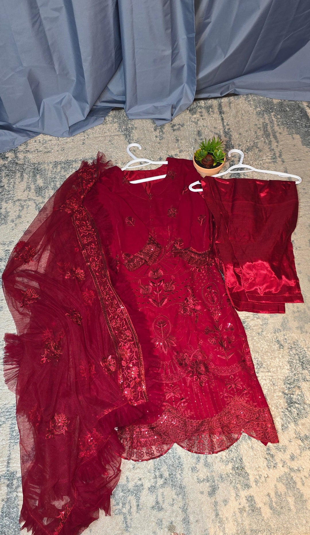 Luxurious Red Sequin Pant Suit with Organza Dupatta