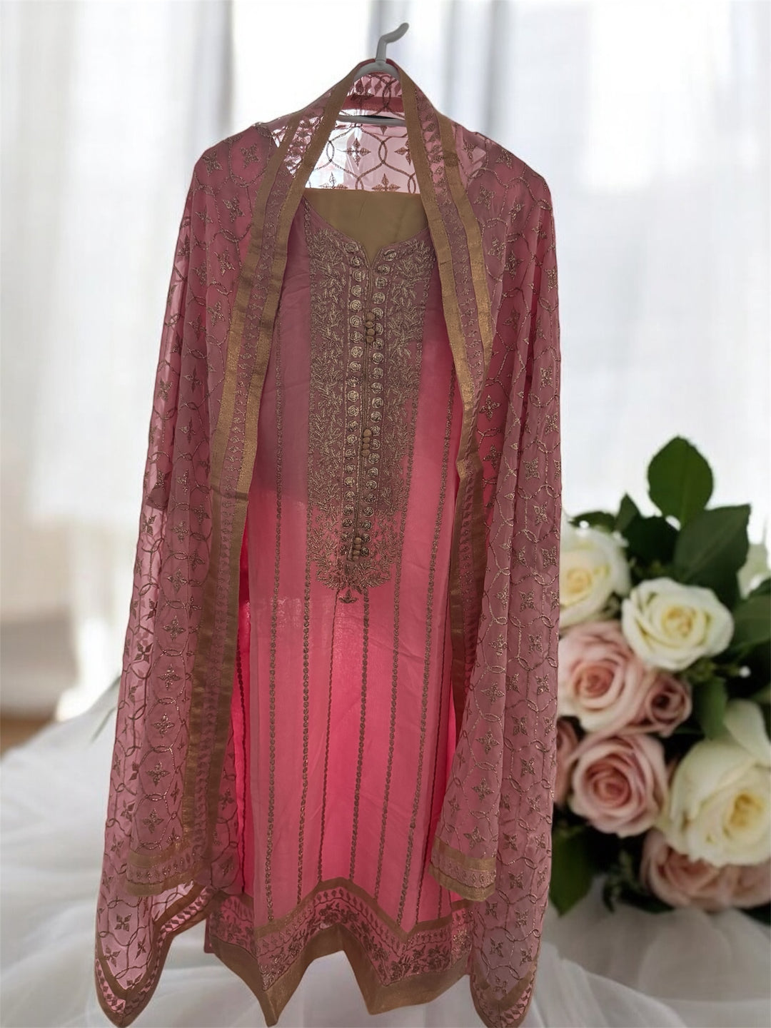 Royal Pink Gold Embroidered Suit