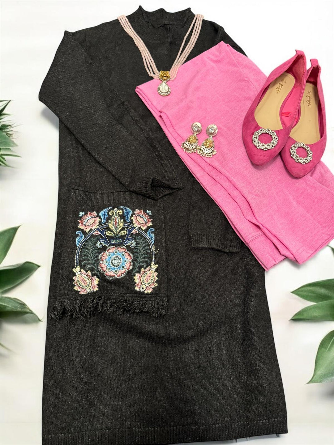 Charcoal Chic Kurti Set With Patch Pocket