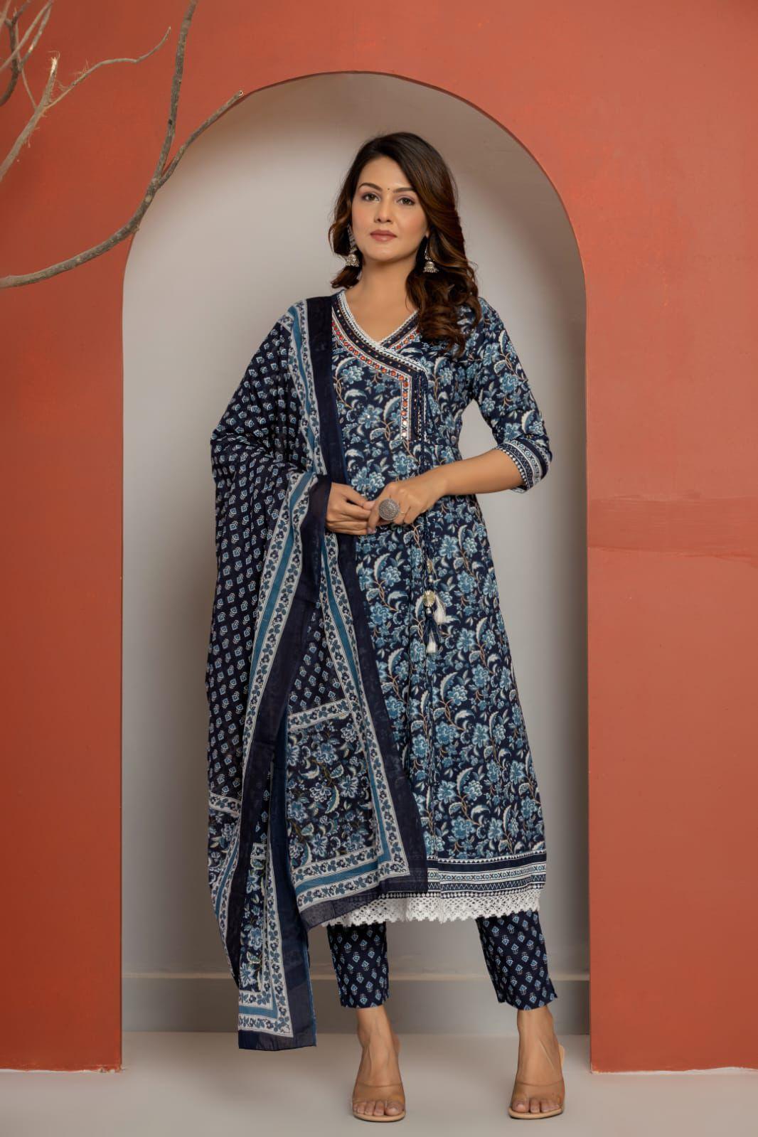 Angrakha Style Blue Kurti Set - Fusion Wear