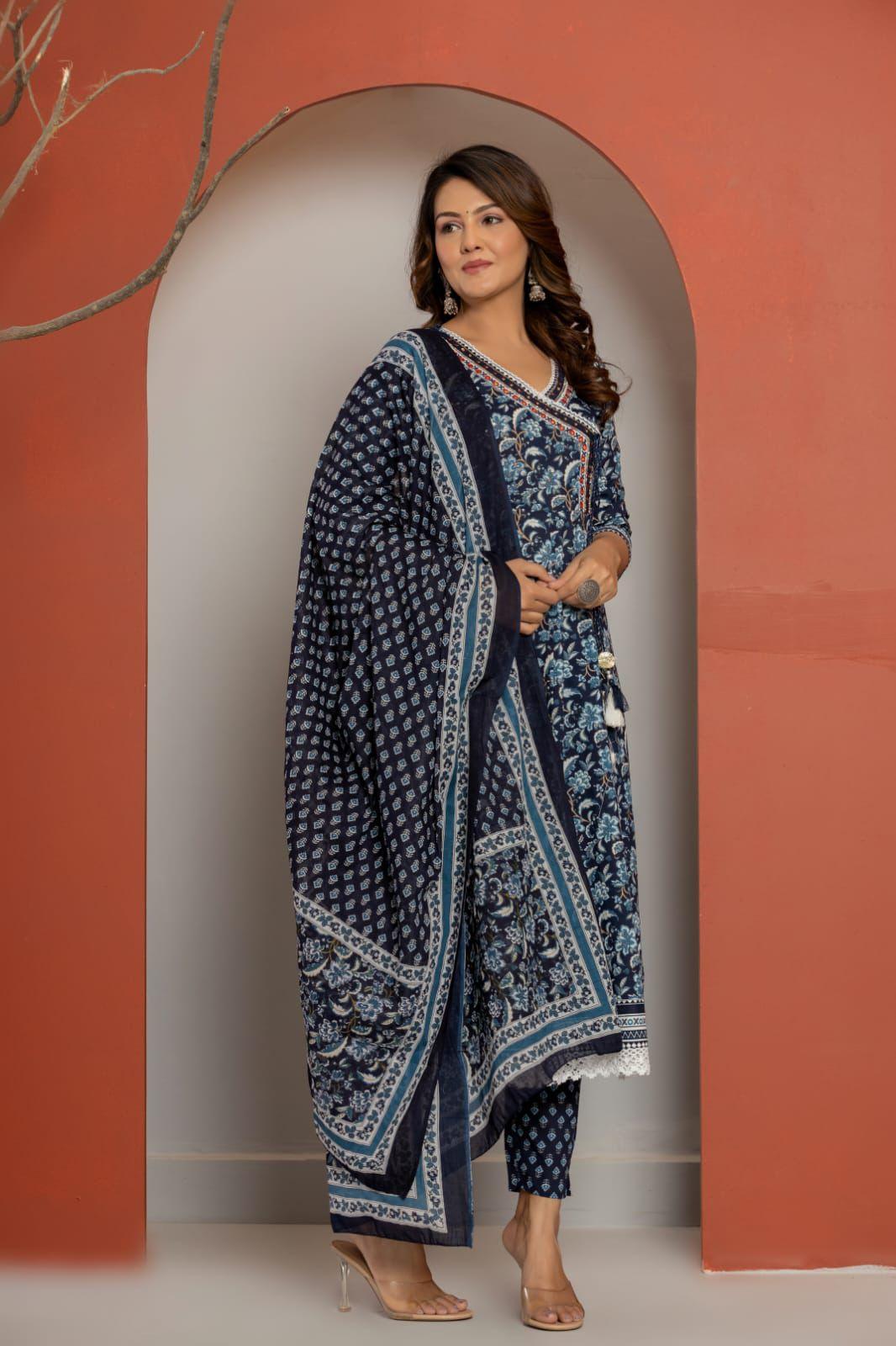 Angrakha Style Blue Kurti Set - Fusion Wear