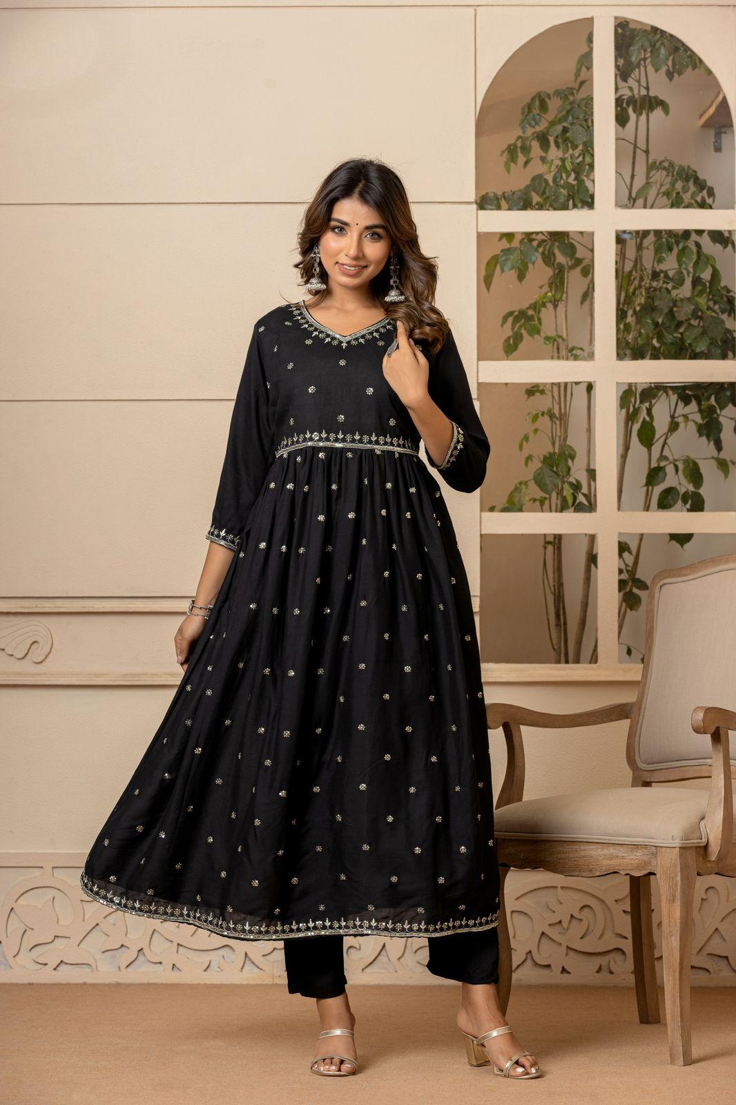 Black Flared Anarkali Pant Set - Fusion Wear