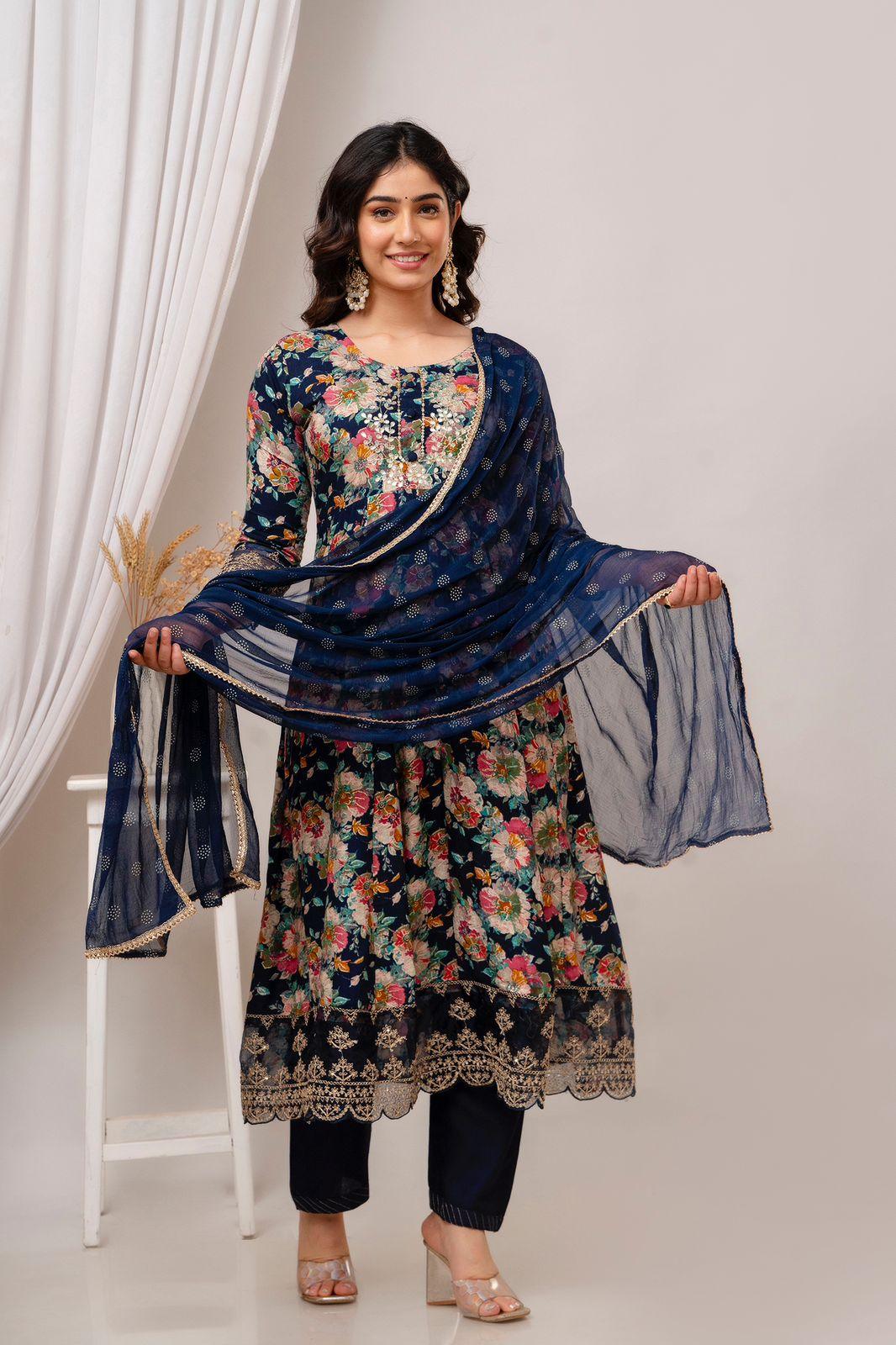 Blue Foil Print Kurti set - Fusion Wear