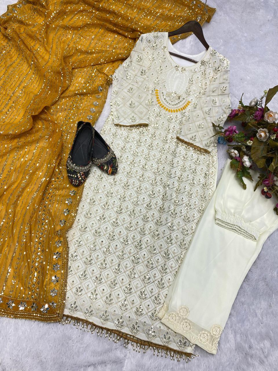 Cream Heavy Suit With Contrast Dupatta - Fusion Wear