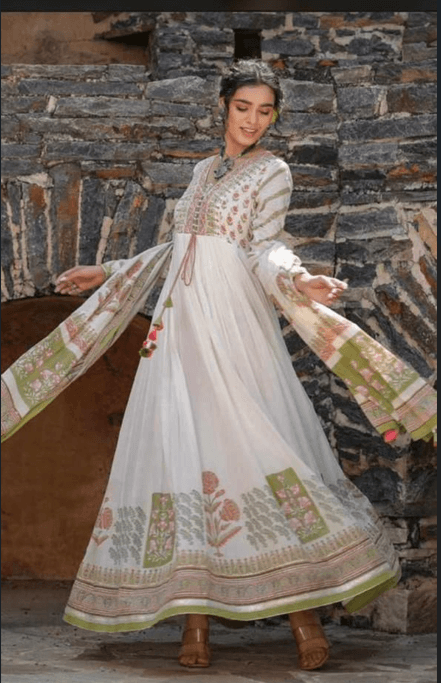 Flared Cotton Kurti Set with Handwork & Mul Dupatta