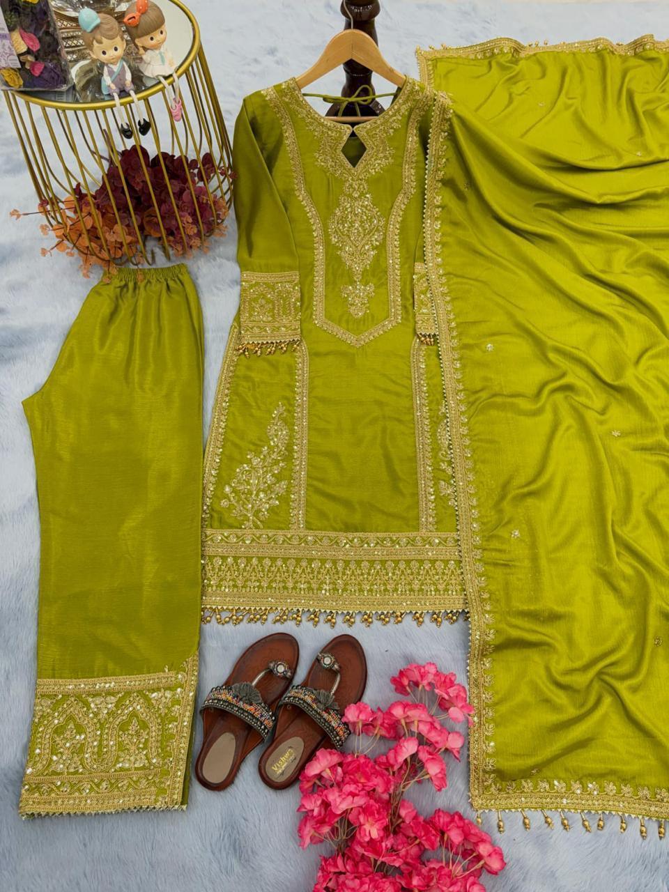 Green embroidered party wear suit - Fusion Wear