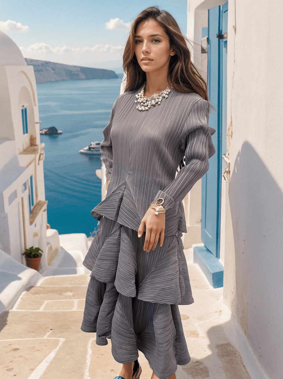 Grey Ruffle Cascade Dress - Fusion Wear