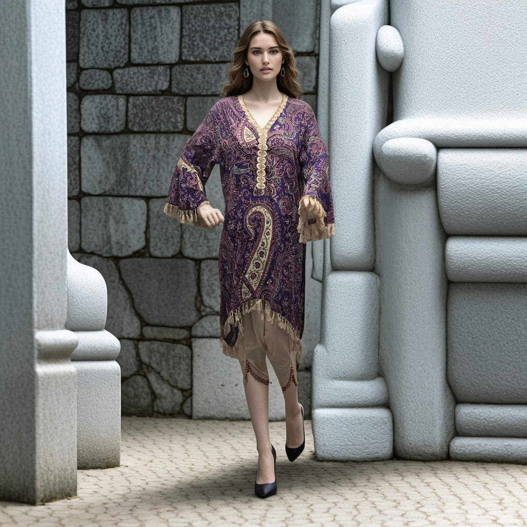 a woman in a purple dress is walking through a doorway