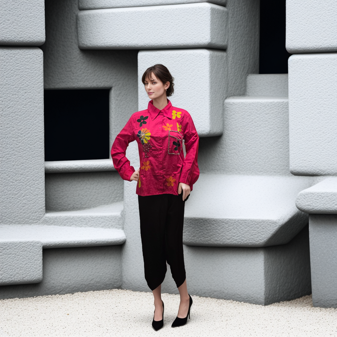 a woman wear pink shirt standing in front of a building made of blocks