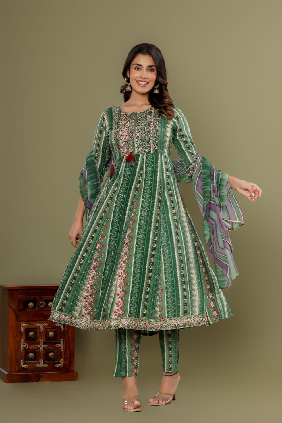 Jaipuri Style Green Kurti Set - Fusion Wear