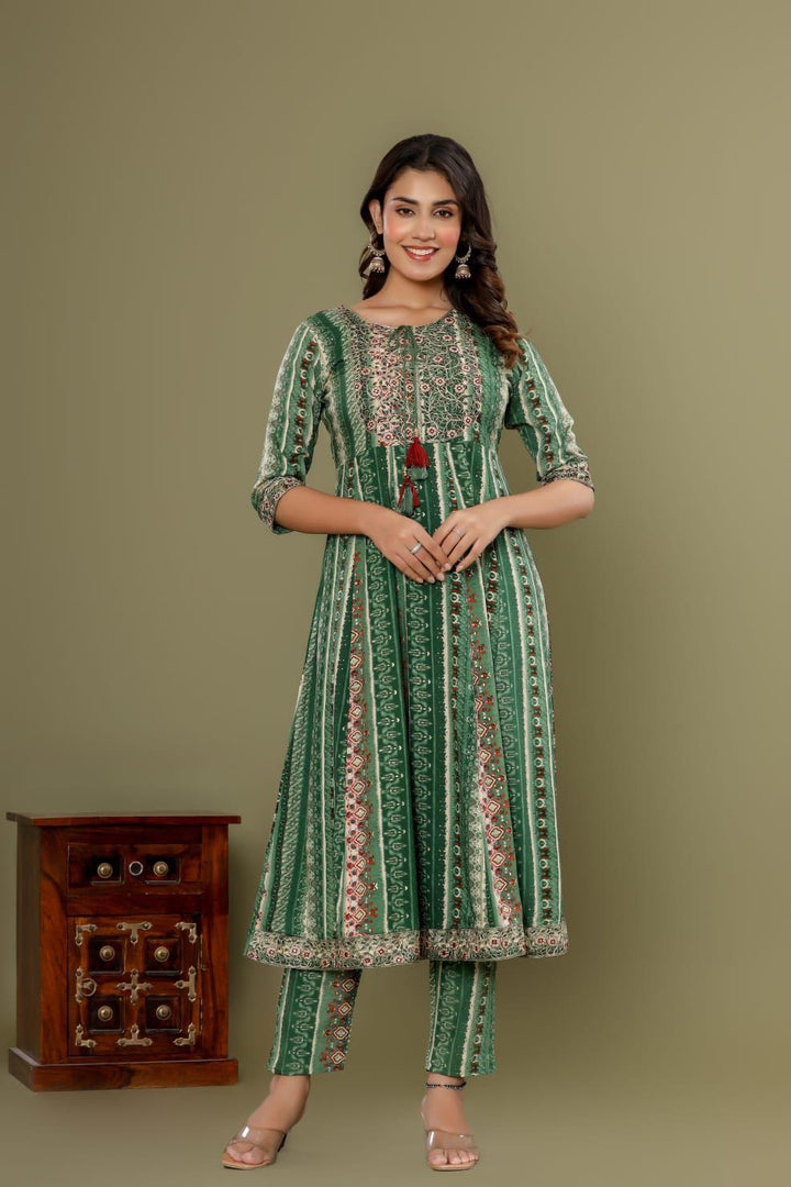 Jaipuri Style Green Kurti Set - Fusion Wear