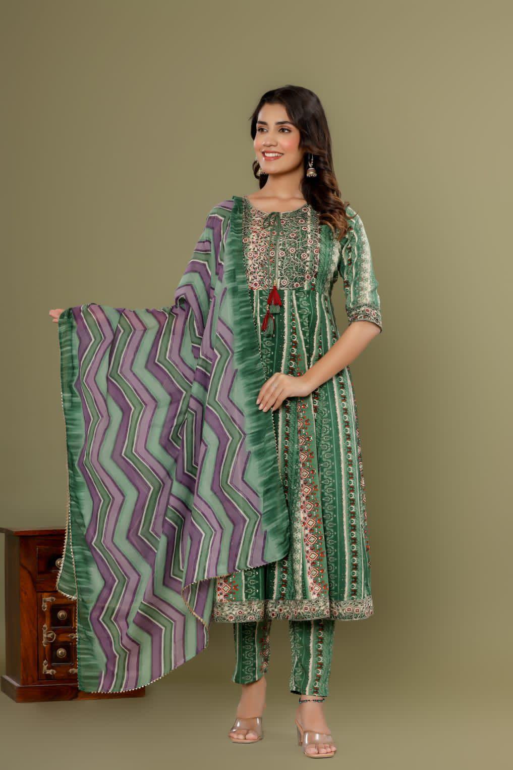 Jaipuri Style Green Kurti Set - Fusion Wear