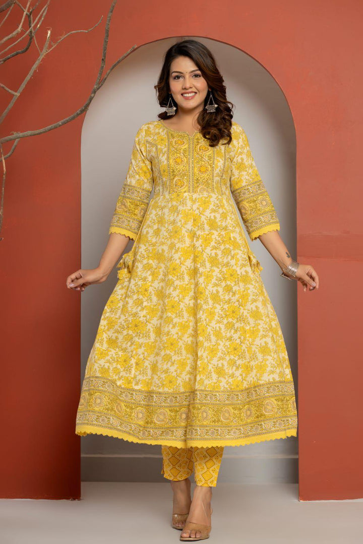 Lemom Yellow Cotton Kurti Set - Fusion Wear