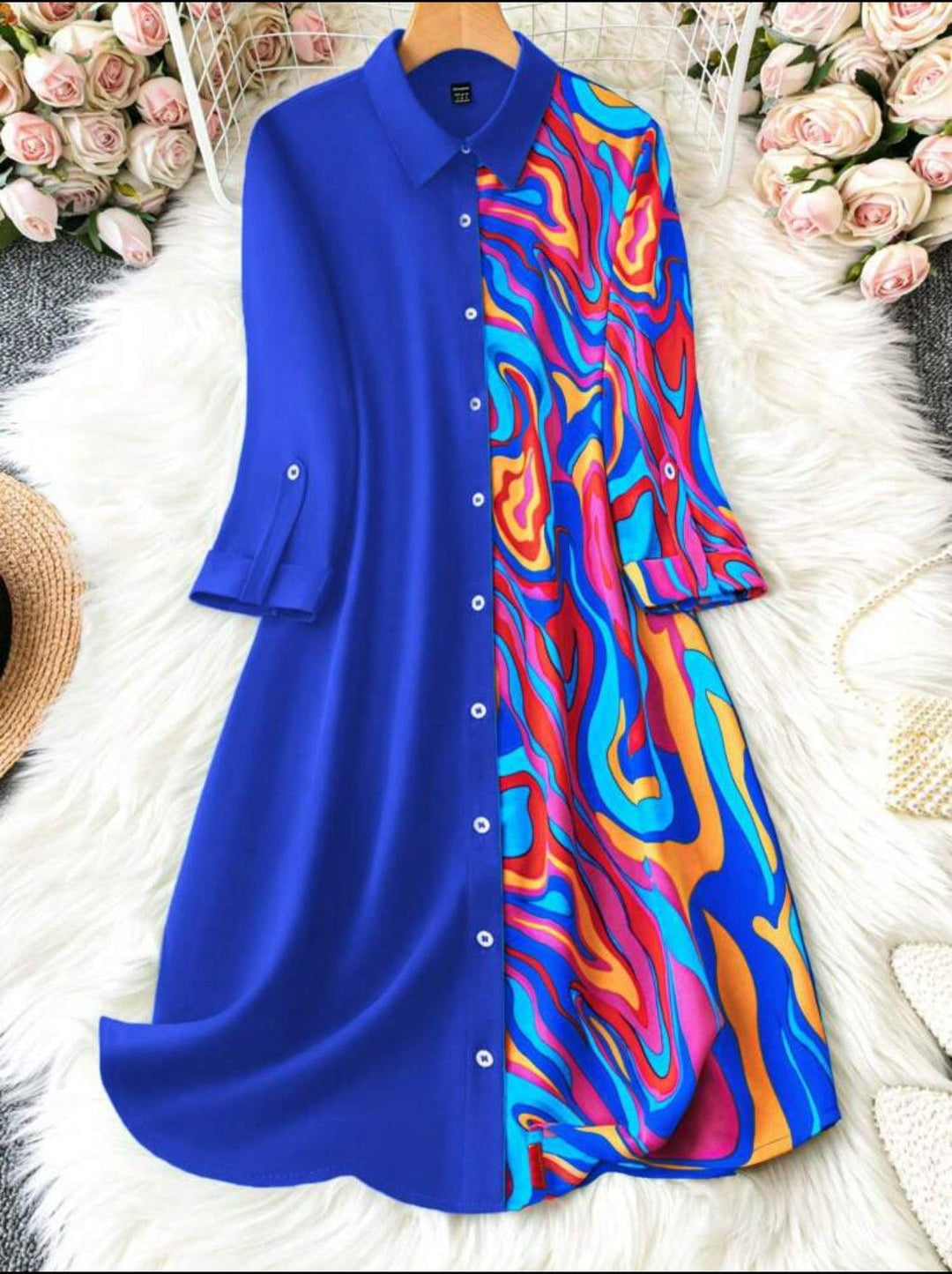 Royal Blue One Side Printed Dress - Fusion Wear