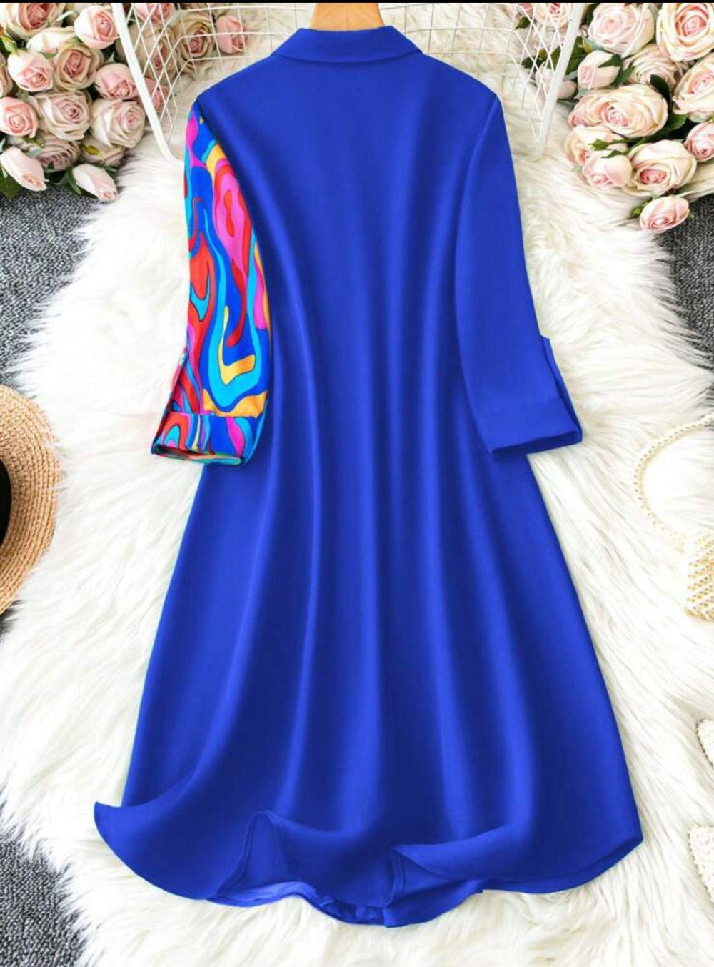 Royal Blue One Side Printed Dress - Fusion Wear